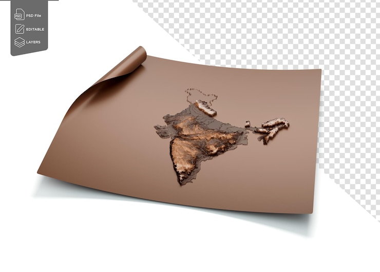 PSD map of india old style brown on unrolled map paper sheet on white background 3d illustration