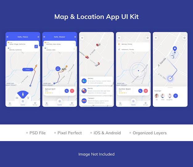 PSD kit per l'interfaccia utente dell'app di localizzazione e mappa