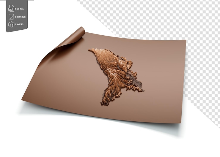PSD map of moldova old style brown on unrolled map paper sheet on white background 3d illustration