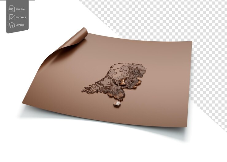PSD map of netherlands old style brown on unrolled map paper sheet on white background 3d illustration