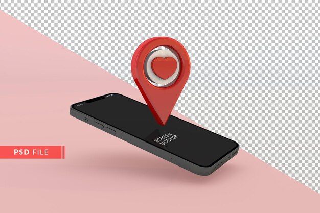 PSD puntatore della mappa amore con mockup di smartphone