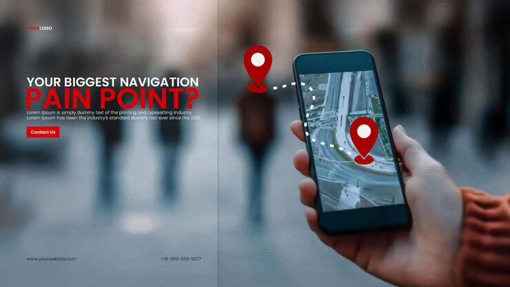 PSD map routing route simulation banner template with a person holds a smartphone with two red location pins on the screen