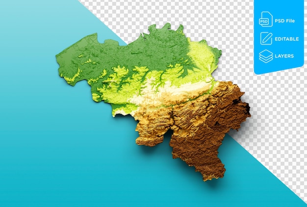 PSD mapa belgii zacieniona relief kolorowa mapa wysokość na niebieskim tle morza ilustracja 3d