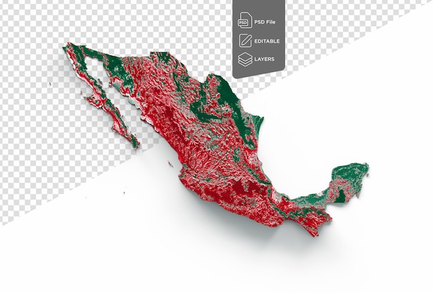 PSD mapa meksyku z flagą w kolorach czerwonym i zielonym, cieniowana mapa 3d ilustracji