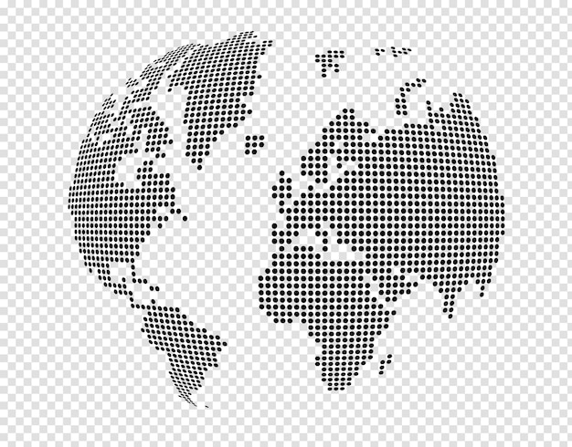 PSD mapa świata globu wykonana z czarnych kropek izolowanych na przezroczystym tle