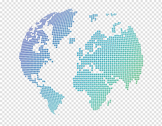 PSD mapa świata globu wykonana z niebieskich i zielonych kropek ilustracja izolowana na przezroczystym tle