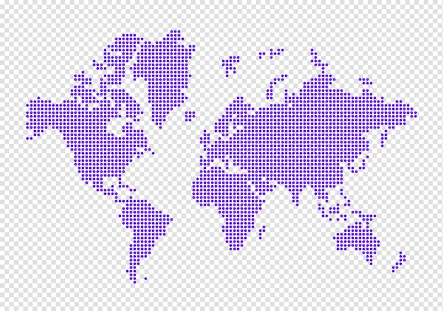 Mapa świata Wykonana Z Fioletowych Kropek Izolowanych Na Przezroczystym Tle