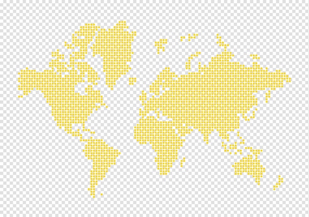 PSD mapa świata wykonana z żółtych kropek ilustracja izolowana na przezroczystym tle