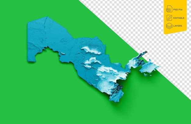PSD mapa uzbekistanu z flagą kolory niebieski i zielony zacieniona mapa reliefowa ilustracja 3d