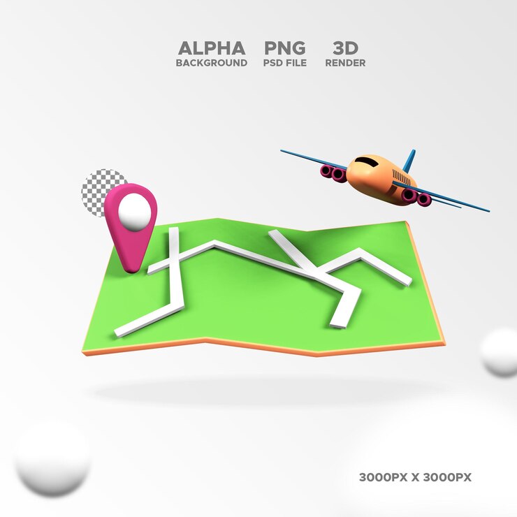PSD maps location with airplane 3d render for design illustration isolated object