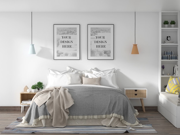 Maqueta de marco de dormitorio estilo loft en una pared blanca con cama king-size