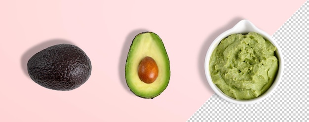 Maqueta de un Bowl with guacamole sauce with whole and slice avocado in top view