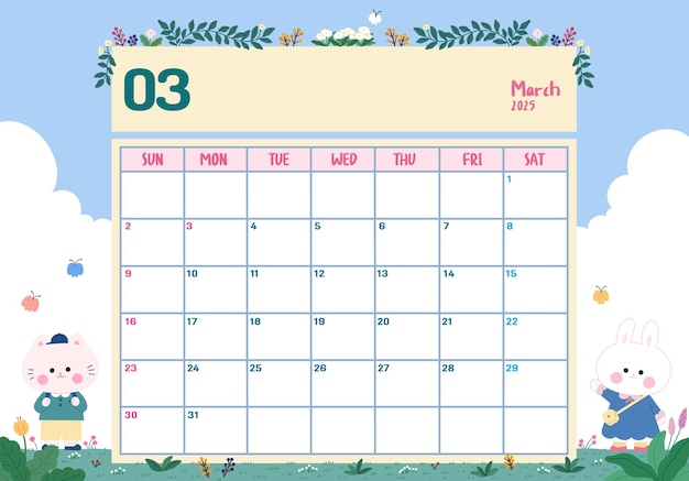 march 2025 cute animals calendar