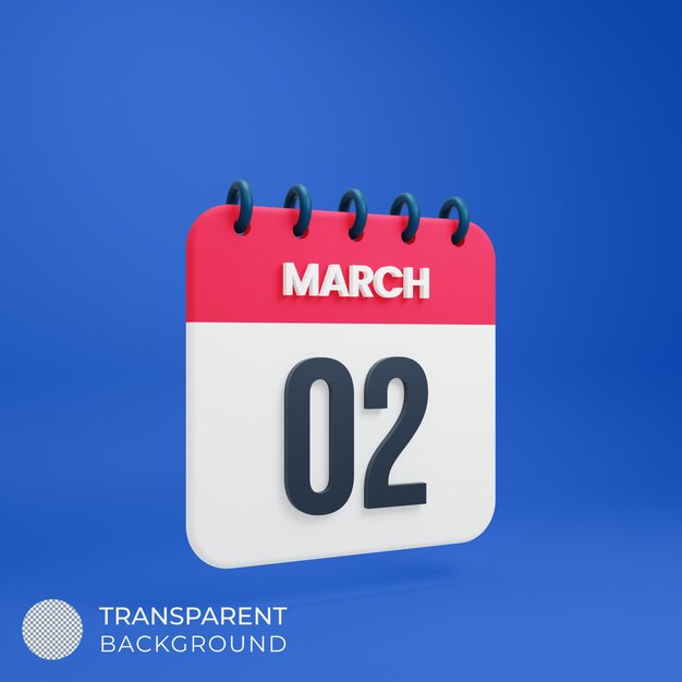 PSD march realistic calendar icon 3d illustration date march 02