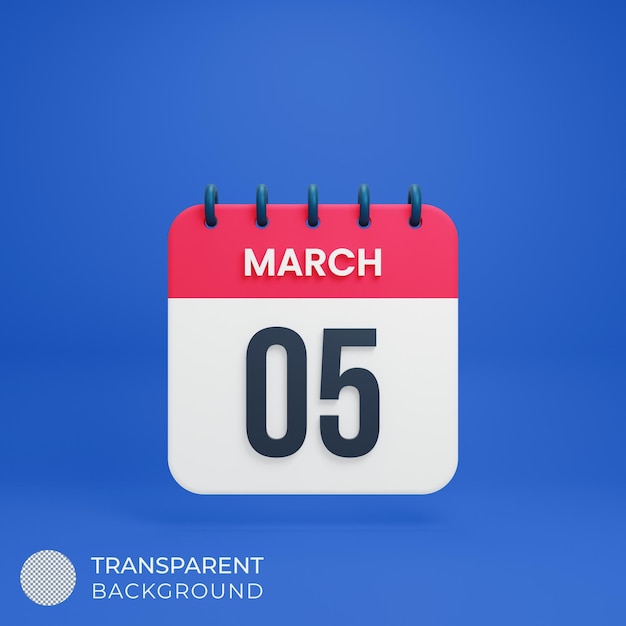 March realistic calendar icon 3d illustration date march 05