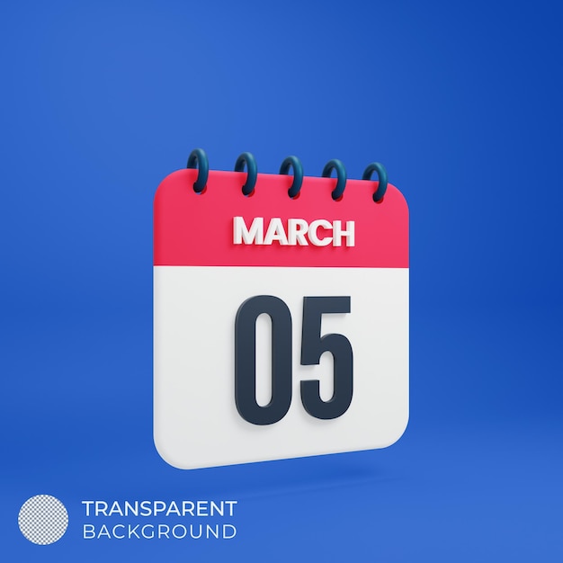 March realistic calendar icon 3d illustration date march 05