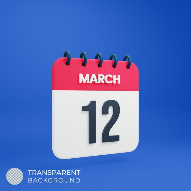 March realistic calendar icon 3d illustration date march 12