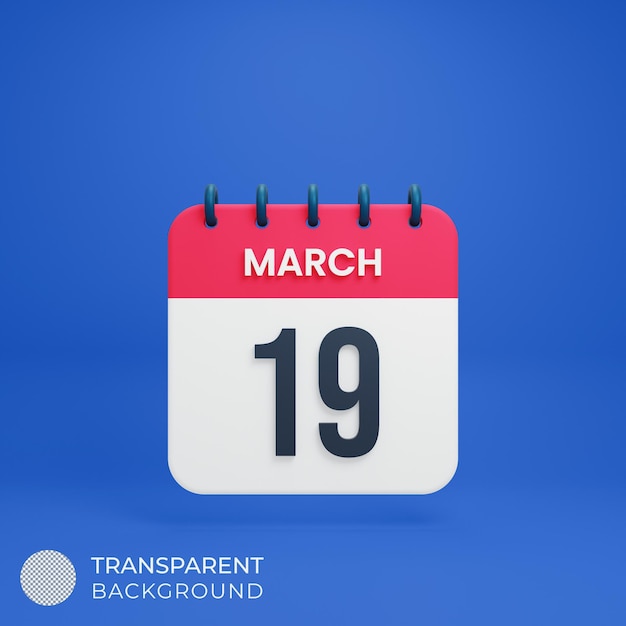 March realistic calendar icon 3d illustration date march 19