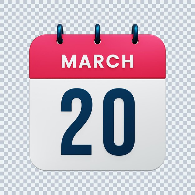 PSD march realistic calendar icon 3d illustration date march 20