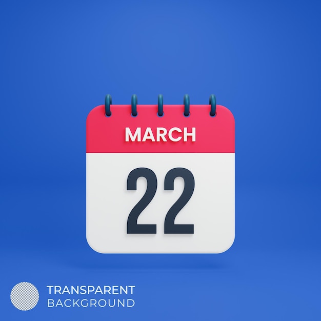 3월 현실적인 달력 아이콘 3d 일러스트레이션 날짜 3월 22일