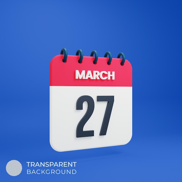PSD icona del calendario realistico di marzo illustrazione 3d data 27 marzo