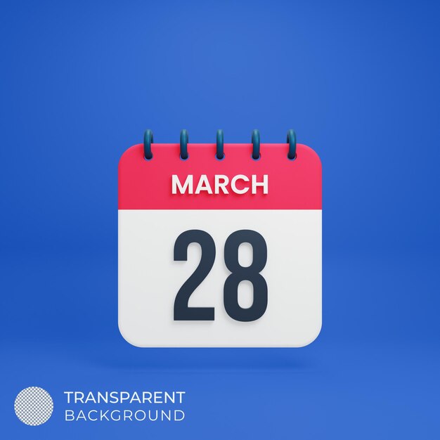 PSD march realistic calendar icon 3d illustration date march 28