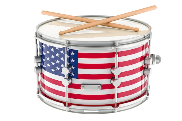 Марширующий барабан с флагом сша, барабан с барабанными палками, 3d-рендеринг, изолированный на прозрачном фоне