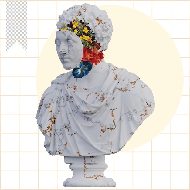 마르쿠스 아우리우스 (Marcus Aurelius) 의 동상 3D 렌더링: 꽃잎과 콜라지