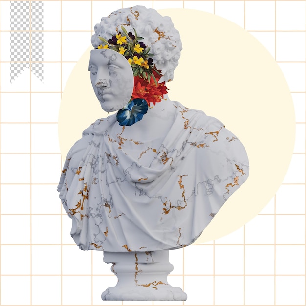 PSD statue di marco aurelio 3d rendono collage con composizioni di petali di fiori per il tuo lavoro