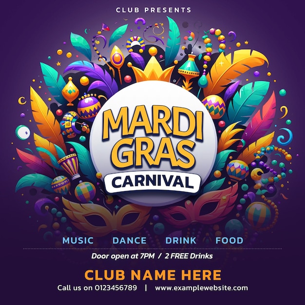 PSD mardi gras carnival festival flyer or social media post template