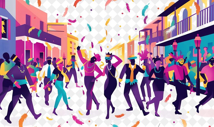 PSD mardi gras celebration with people dancing in the streets de png festival 2d flat art illustrations
