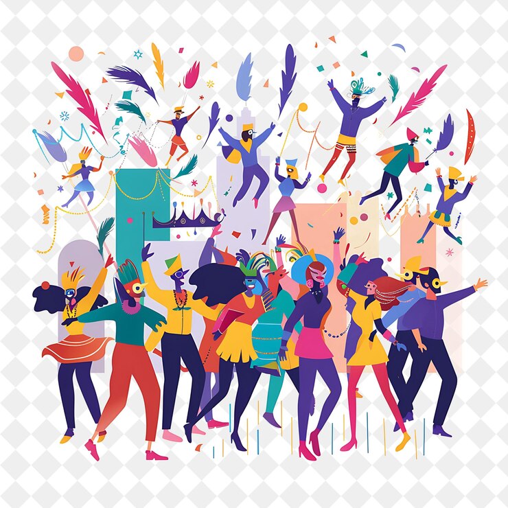 PSD mardi gras celebration with people dancing in the streets de png festival 2d flat art illustrations