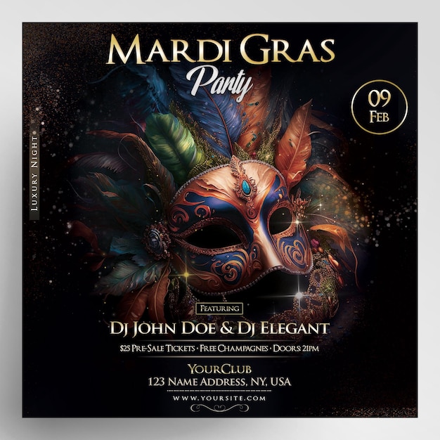PSD mardi gras party instagram flyer post banner
