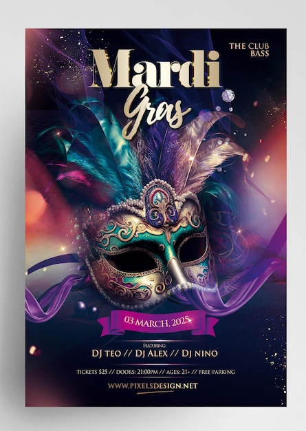 PSD progettazione di eventi per volantini mardi gras vibe