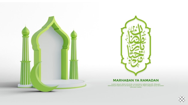 Marhaban ya ramadan-kalligrafie met 3D-ronde podiumlantaarn en moskee in groene kleur