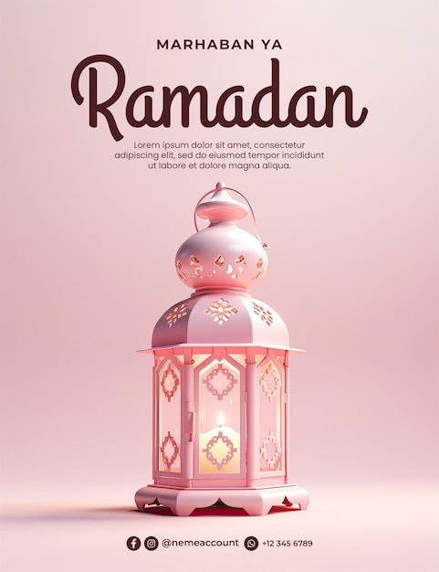 Marhaban ya ramadan poster sjabloon met op een roze pastel achtergrond een ramadan lantaarn op het wit