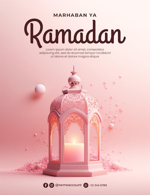 Modello di poster di marhaban ya ramadan con su uno sfondo pastello rosa una lanterna di ramadan sul bianco