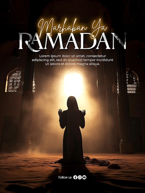 PSD marhaban ya ramadan poster template with silhouette of muslim worshiping and praying