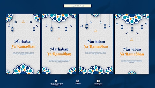 Marhaban ya ramadhan greeting post card design modello minimalista instagram story set bundle