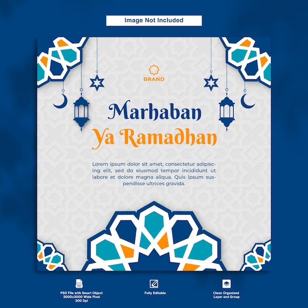 Marhaban ya ramadhan greeting post card design minimalist template