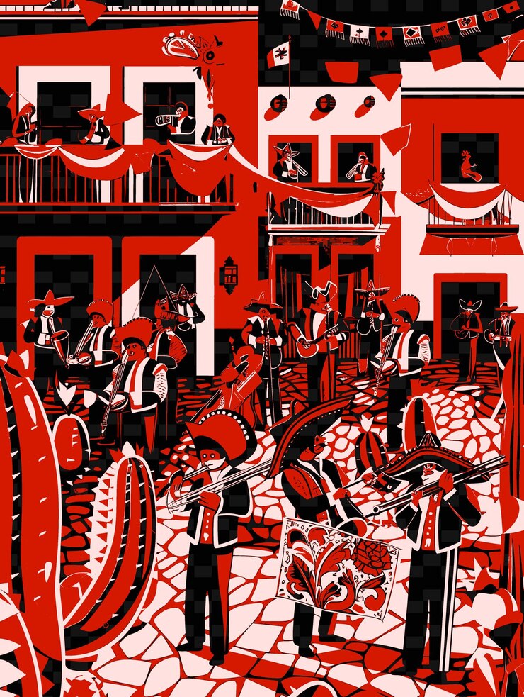 PSD mariachi band in a mexican town square with colorful papel p illustration music poster designs