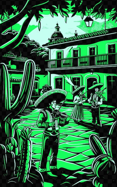 PSD mariachi band speelt in een mexicaanse plaza met cacti en somb wereldmuziekdag poster banner postkaart