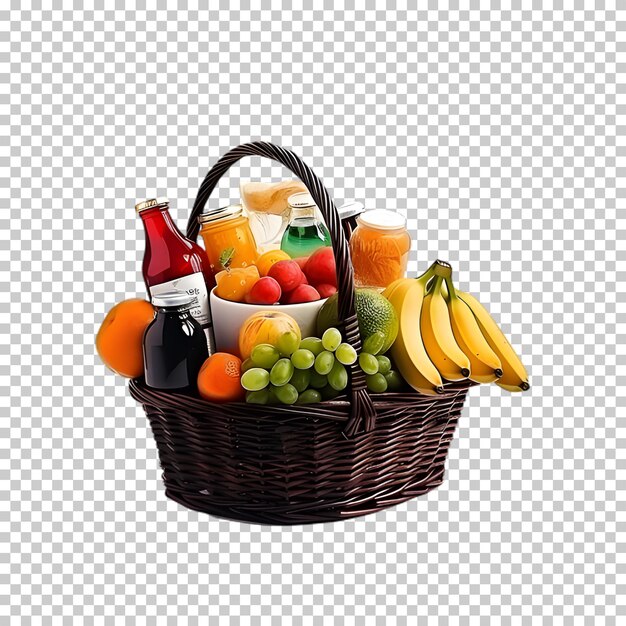 Market basket includes bead fruits and vegetables isolated on transparent background