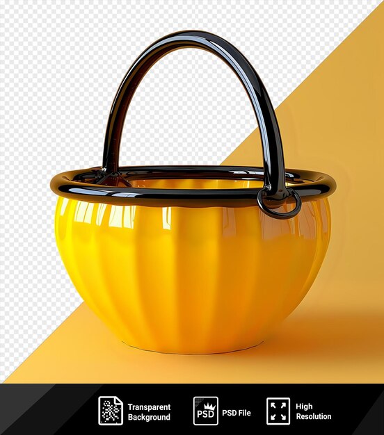 PSD market basket on a yellow table against a yellow wall with a black handle visible in the foreground png