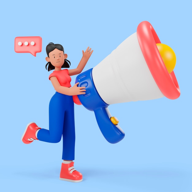 PSD marketing concept with woman holding megaphone