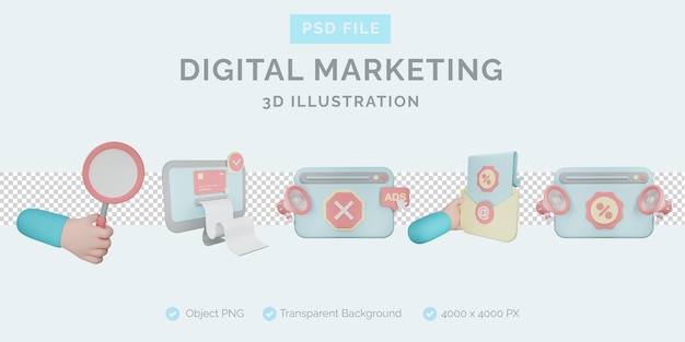 PSD marketing cyfrowy ilustracja 3d