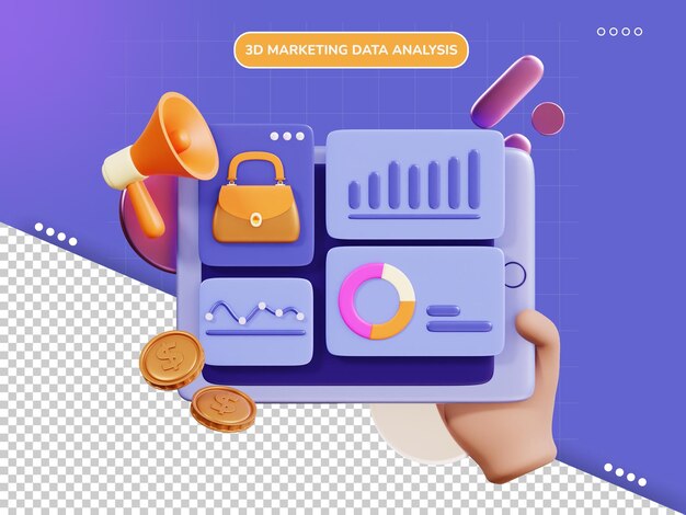 Illustrazione 3d dell'analisi dei dati di marketing