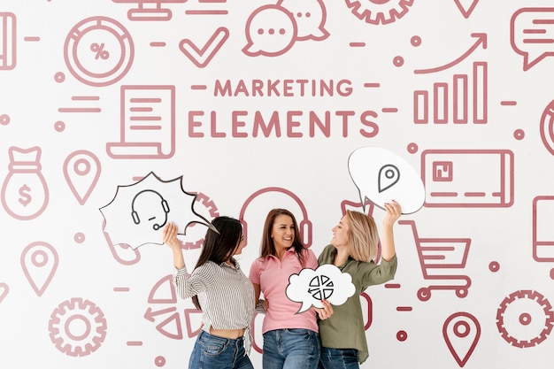 Marketing elements doodle background with women