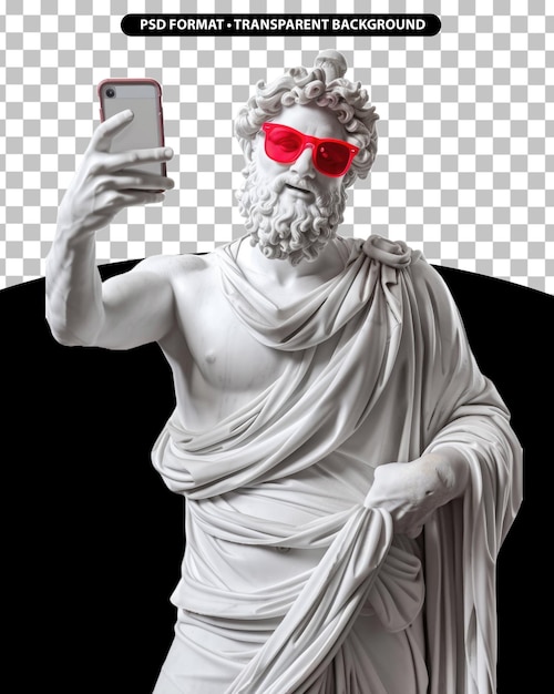 Marmurowa grecka posąg z telefonem nosi kolorowe okulary przeciwsłoneczne