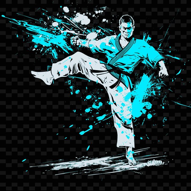 PSD martial artist performing high kick with powerful force pos illustration flat 2d sport backgrounde